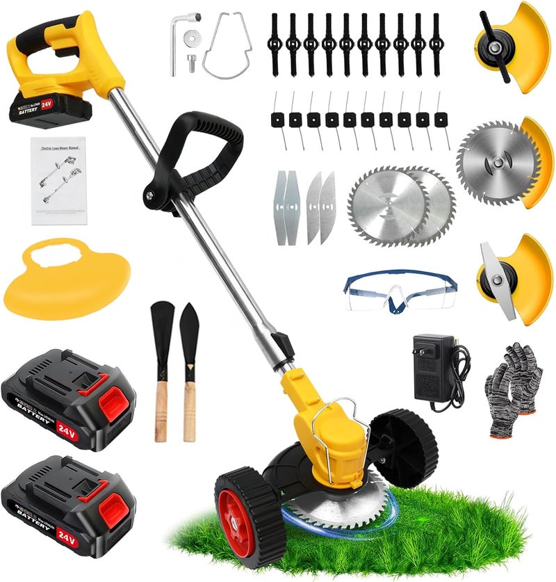 ALSO GO 24V Electric Weed Wacker Cordless Grass Trimmer with 2x2000mAh Batteries & Fast Charger, 3 in 1 Stringless Lightweight Brush Cutter/Edger/Mower with 3 Types Blade & Wheels for Garden and Yard Lawn - Image 1